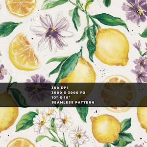 May include: Watercolor seamless pattern featuring lemons, lemon slices, green leaves, and purple and white flowers on a white background. The text on the image reads: 300 DPI, 3000 X 3000 PX, 25.4cm X 25.4cm, SEAMLESS PATTERN.