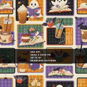 May include: A seamless pattern featuring illustrations of ghosts, bats, open books, coffee cups, and flowers in orange, purple, and green frames. Text reads 300 DPI, 3000 X 3000 PX, 25.4 cm X 25.4 cm, SEAMLESS PATTERN. The design includes spider webs and coffee drinks.
