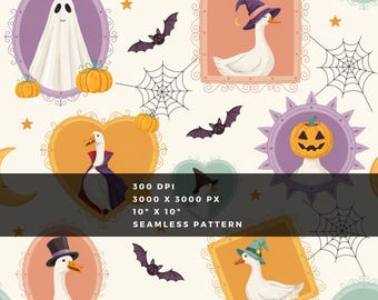 Halloween Goose Seamless Pattern – Spooky Framed Portrait Repeat, Digital Download PNG
