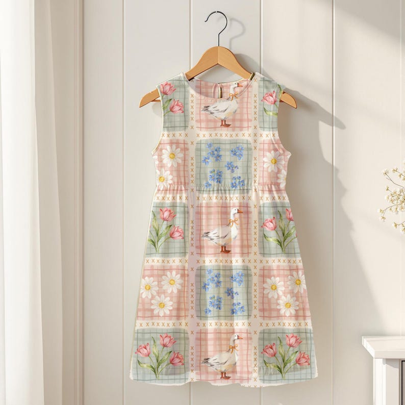 May include: A sleeveless dress featuring a patchwork-style grid pattern with alternating squares of pink plaid, blue floral prints, white daisies, pink tulips, and white geese wearing orange ribbons, finished with a simple round neckline.