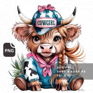 Cowgirl Highland Cow PNG, Baby Highland Clipart, Nursery Design (Digital Download)