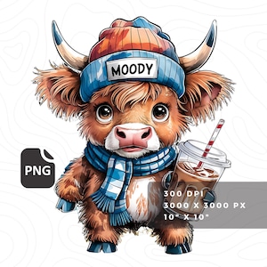 Moody Coffee Addict Highland Cow PNG, Sublimation Design, Baby Highlander Clipart (Digital Download)