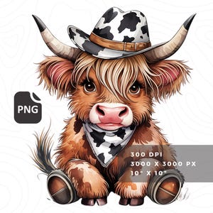 Cowboy Highland Cow PNG, Watercolor Clipart, Cowprint Stickers (Digital Download)
