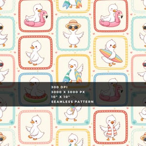Summer Goose Patchwork Seamless Pattern, Cute Duck Beach Repeat Digital Paper for Fabric, Kids Decor and Scrapbook