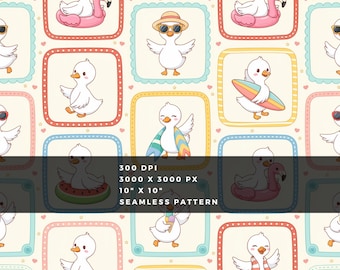 Summer Goose Patchwork Seamless Pattern, Cute Duck Beach Repeat Digital Paper for Fabric, Kids Decor and Scrapbook