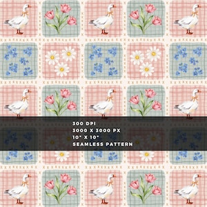 May include: A seamless pattern featuring a grid of white geese with orange beaks, pink tulips, and white daisies on a plaid background. The text reads 300 DPI, 3000 X 3000 PX, 10" X 10", SEAMLESS PATTERN. The design includes small brown cross-stitch accents.