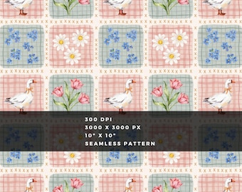 Goose Patchwork Seamless Pattern, Watercolor Duck Quilt Block Spring Floral Repeat, Digital Paper for Nursery Fabric and Quilting