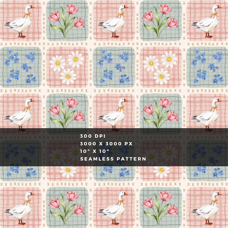 May include: A seamless pattern featuring a grid of white geese with orange beaks, pink tulips, and white daisies on a plaid background. The text reads 300 DPI, 3000 X 3000 PX, 25.4 cm X 25.4 cm, SEAMLESS PATTERN. The design includes small brown cross-stitch accents.