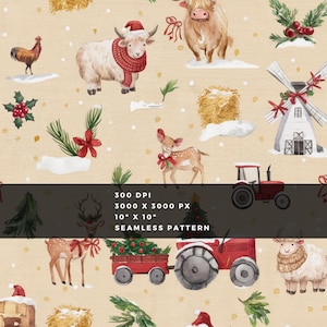 May include: A seamless pattern featuring watercolor illustrations of farm animals, including a rooster, sheep, and Highland cow, with Christmas accents like Santa hats and holly. A red tractor and deer are also included. The background is a light beige.