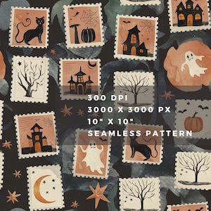 May include: A seamless Halloween pattern with postage stamp designs. The stamps feature illustrations of a black cat, haunted houses, pumpkins, ghosts, and trees. The pattern includes the text "300 DPI", "3000 X 3000 PX", "10" X 10"", and "SEAMLESS PATTERN". The size is 25.4 cm x 25.4 cm.