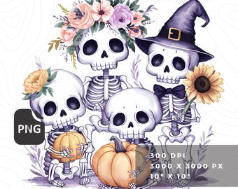 Retro Floral Skeleton PNG, Spooky Halloween Skull Clipart (Digital Download)