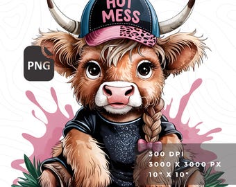 Hot Mess Baby Highland Cow PNG | Cute Cow Sublimation Design for Shirts, Mugs, Stickers, Nursery