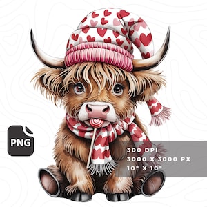 valentine highland cow png sublimation designs for shirt, mugs, lollipop heart beanie baby highland cow stickers & clipart, digital download