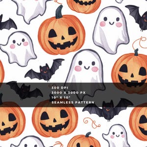 May include: Seamless Halloween pattern featuring orange jack-o'-lanterns, white ghosts with pink cheeks, and black bats on a white background. The pattern includes the text "300 DPI, 3000 X 3000 PX, 10" X 10", SEAMLESS PATTERN".