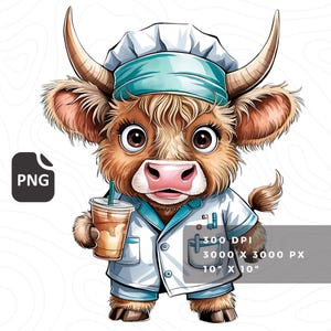 nurse highland cow png sublimation design, coffee lover png, nursing png, baby highland cow clipart, cute cow png, cow stickers, png designs