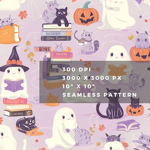 Könnte beinhalten: Ein nahtloses Muster mit Cartoon-Geistern, Katzen, Kürbissen und Büchern auf hellviolettem Hintergrund. Das Design enthält den Text "300 DPI", "3000 X 3000 PX" und "10" X 10" SEAMLESS PATTERN".