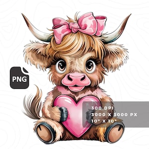 pink highland cow valentines day coquette bow png sublimation design for shirt, mugs, heart png, cute baby highlander cow clipart & stickers