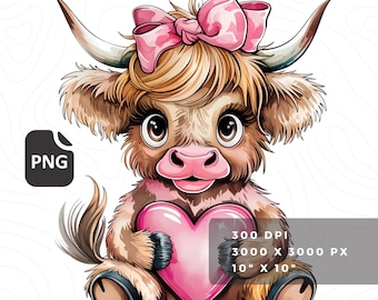 pink highland cow valentines day coquette bow png sublimation design for shirt, mugs, heart png, cute baby highlander cow clipart & stickers