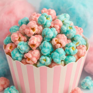 May include: A close-up of a paper cupcake holder filled with pink and blue candy-coated popcorn. The popcorn is a mix of light pink and light blue colors. The cupcake holder has pink and white stripes.