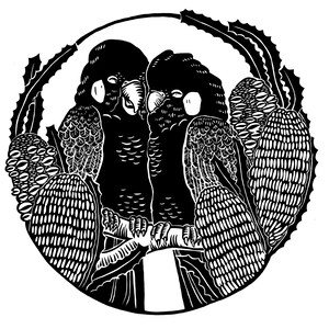May include: Black and white illustration of two parrots perched on a branch, surrounded by stylized foliage. The parrots are facing each other, with their beaks touching.