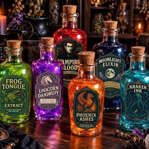 May include: Six glass potion bottles with cork stoppers, each containing colored liquid and a label. Labels read: Frog Tongue Extract, Unicorn Dandruff, Vampire Blood, Phoenix Ashes, Moonlight Elixir, and Kraken Ink, featuring thematic illustrations.
