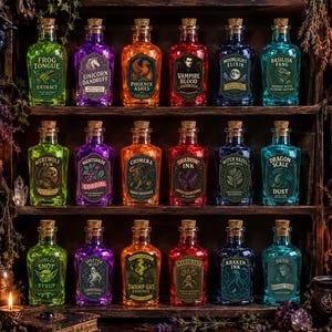 May include: Eighteen glass bottles with cork stoppers arranged on three wooden shelves. Each bottle contains a colored liquid and features a unique decorative label with text such as Frog Tongue Extract, Vampire Blood, and Dragon Scale Dust.