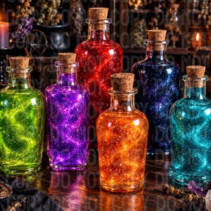 Puede incluir: Seis botellas de vidrio transparente con tapones de corcho, cada una llena de un líquido brillante y arremolinado en colores vibrantes como verde lima, morado, rojo, naranja, azul oscuro y turquesa, dispuestas sobre una superficie de madera.