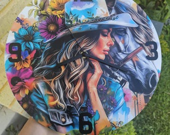 Floral Cowgirl Horse Clock, Vibrant UV Print (30cm)