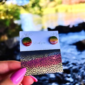 Handmade Polymer Clay Rainbow Trout Stud Earrings – Fly Fishing Jewelry for Outdoor Enthusiasts – Nature-Inspired Accessories