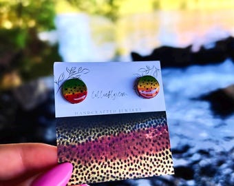 Handmade Polymer Clay Rainbow Trout Stud Earrings – Fly Fishing Jewelry for Outdoor Enthusiasts – Nature-Inspired Accessories