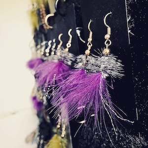 Hand tied fly earrings- Purple Woolly Bugger
