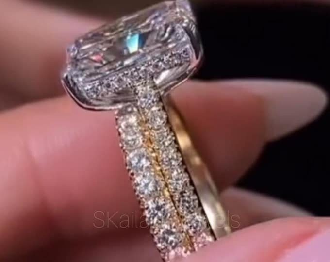 Featured listing image: 4.20 CT Radiant Cut Moissanite Wedding Bridal Set, 14K Solid Gold, With Round Eternity Band, Engagement Ring Set Promise Ring Unique Radiant