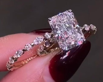 4 CT Radiant Cut Moissanite Engagement Diamond Ring, Bridal Set Gift For Her, Wedding Band, Promise Ring, Side Marquise Pave Gifts Set Women