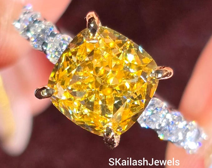 Featured listing image: 3 CT Canary Yellow Cushion Cut Moissanite Engagement Ring, 14K Solid Gold, Hidden Halo Ring, Solitaire Ring, Fancy Yellow Cushion Promise