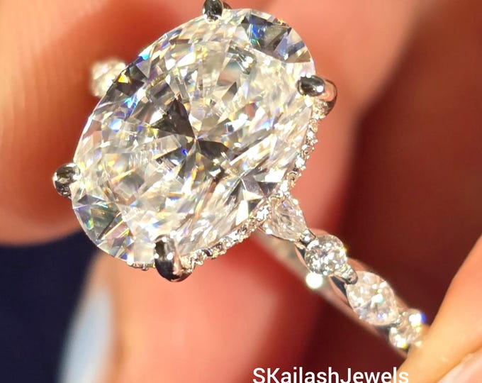 Featured listing image: 4 CT Oval Cut Moissanite Diamond Engagement Ring, 14K White Gold Ring, Side Diamond Round & Marquise Hidden Halo, Promise Ring, Gift For Mom