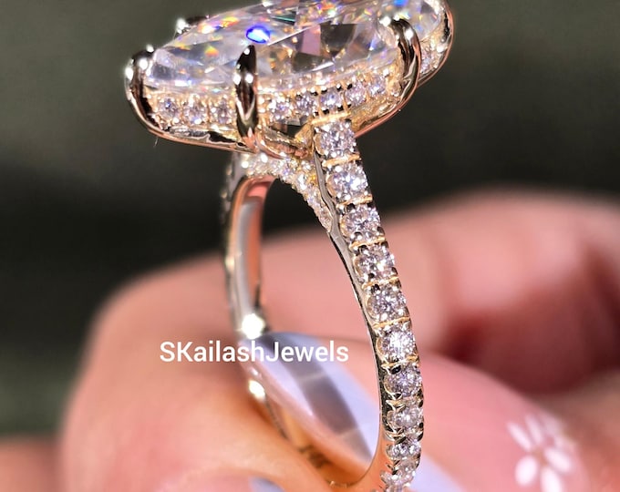 Featured listing image: 4 CT Marquise Cut Moissanite Engagement Ring, 14K Solid Gold, 6 Prong With Hidden Halo Ring, Elongated Marquise, Promise Ring, Wedding Gift