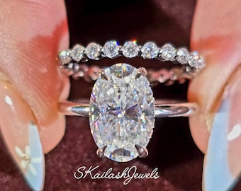 3 CT Oval Cut Moissanite Wedding Bridal Ring Set, 14K Solid Gold, Hidden Halo Ring, Round Full Eternity Band Anniversary Engagement Set Gift