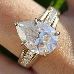 Unique 3 Carat Pear Cut Moissanite Engagement Ring 18K Yellow Gold Wedding Ring Pear Solitaire Ring Hidden Halo Promise Ring Christmas Gift