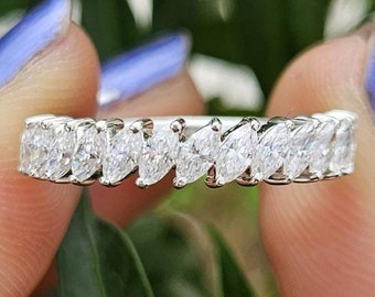 Anello nuziale con taglio marquise in moissanite, anello mezza eternità Art Déco, anello di fidanzamento con moissanite, anello per anniversario, regalo anello con moissanite