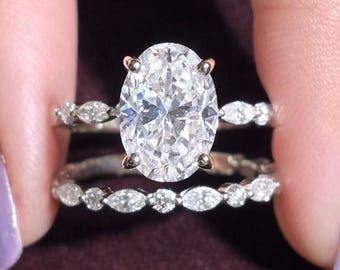 3 CT Oval Cut Moissanite Engagement Bridal Set Ring, Solid Gold, Wedding Band Promise Ring Set, Wedding Gift, Unique Bridal Set For Her