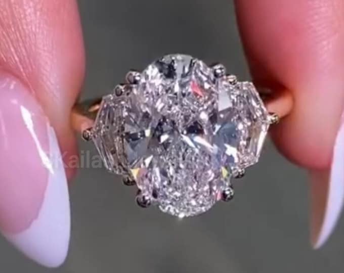 Featured listing image: 4 CT Oval Elongated Cut Three Stone Moissanite Engagement Ring, 14K Solid Gold Side Stone Epaulette Cut, Solitaire Ring Promise Wedding Gift