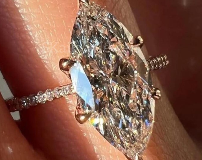 Featured listing image: 4 CT Marquise Cut Moissanite Engagement Ring, 14K Solid Gold, 6 Prong With Hidden Halo Ring, Elongated Marquise, Promise Ring, Wedding Gift