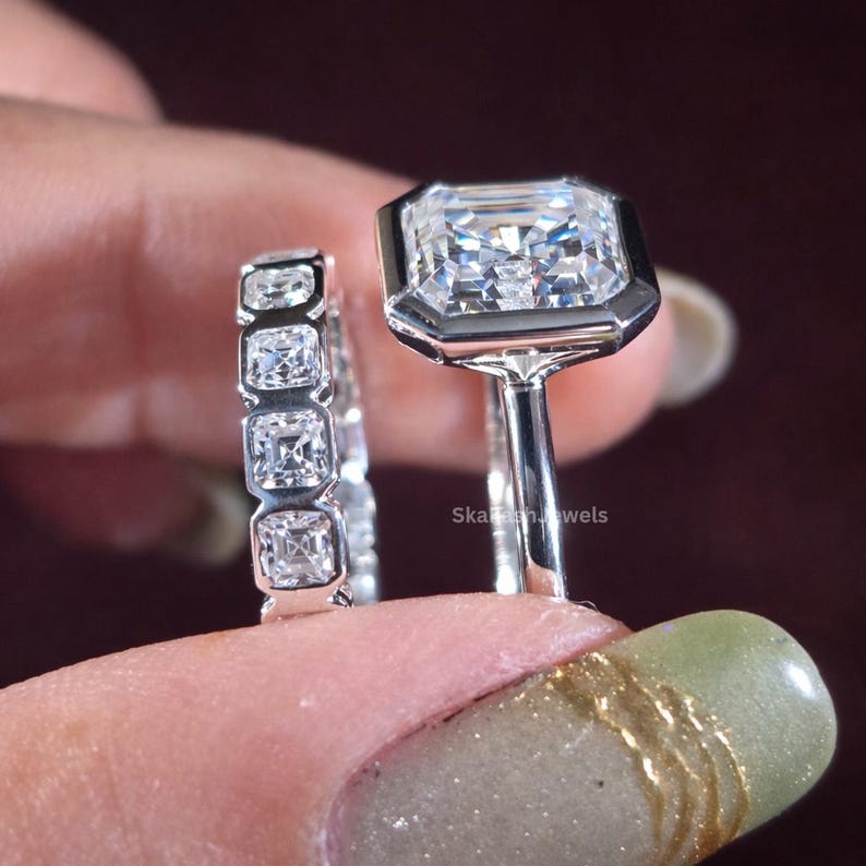 3 CT Asscher Cut Moissanite Engagement Ring Set, 14K Solid Gold ...