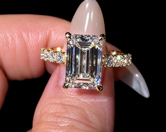 Featured listing image: 4 CT Emerald Cut IGI Certified Lab Grown Diamond Engagement Ring With Round Side Diamond, Hidden Halo Ring, Unique Wedding Proposal Ring