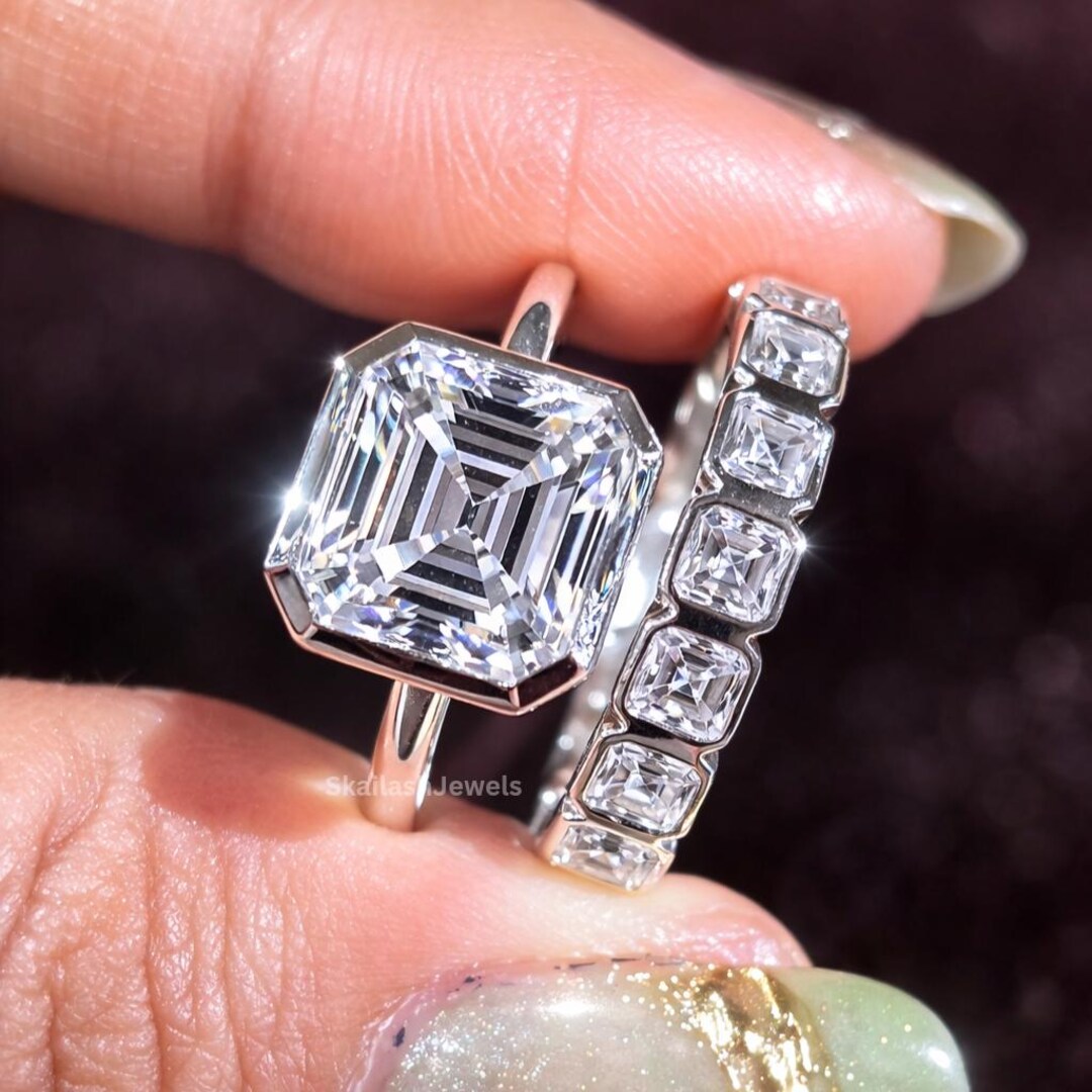 3 CT Asscher Cut Moissanite Engagement Ring Set, 14K Solid Gold ...