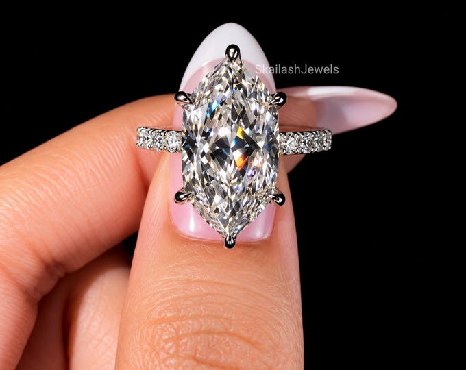 Featured listing image: 5 CT Dutch Marquise Cut IGI Certified Lab Grown Diamond Engagement Ring With Round Side Diamond, Unique Wedding Proposal Ring For Her