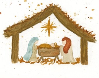 Original Watercolor Nativity Scene with Star, Manger Scene Christmas Decor Digital Download