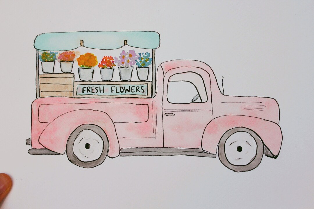 Pink Vintage Truck, Original Painting, Fresh Flowers, 1950's, Farmers