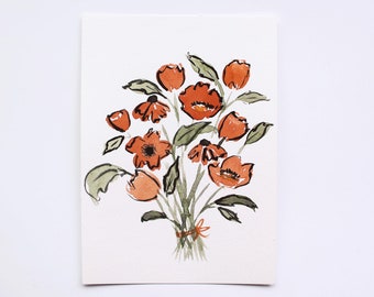 Burnt orange Watercolor wildflowers, original wall art, loose floral home decor - 5x7 not a print