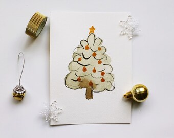 Original Christmas Tree Watercolor Painting, Green and Gold Chrismtas Tree - 5X7 not a print